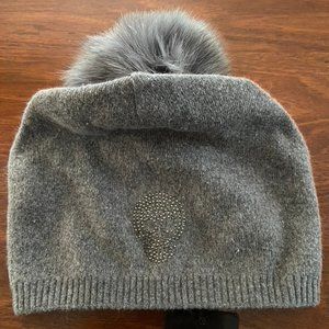 Mitchies Matchings Knit Slouch Fox Pom Beanie with Crystal Skull NWT